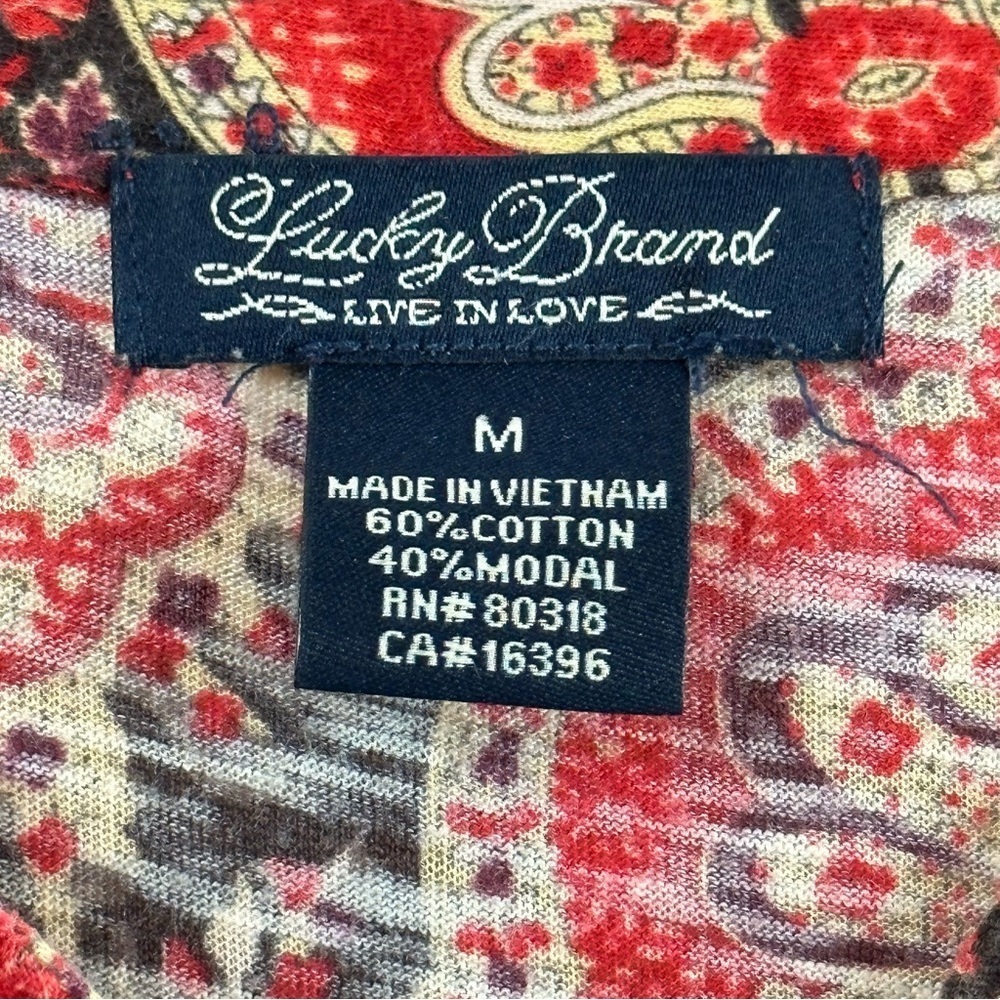 Lucky Brand Women's Red Medallion Print Boho 3/4 Sleeve Split Neck Blouse Sz M - Picture 4 of 6